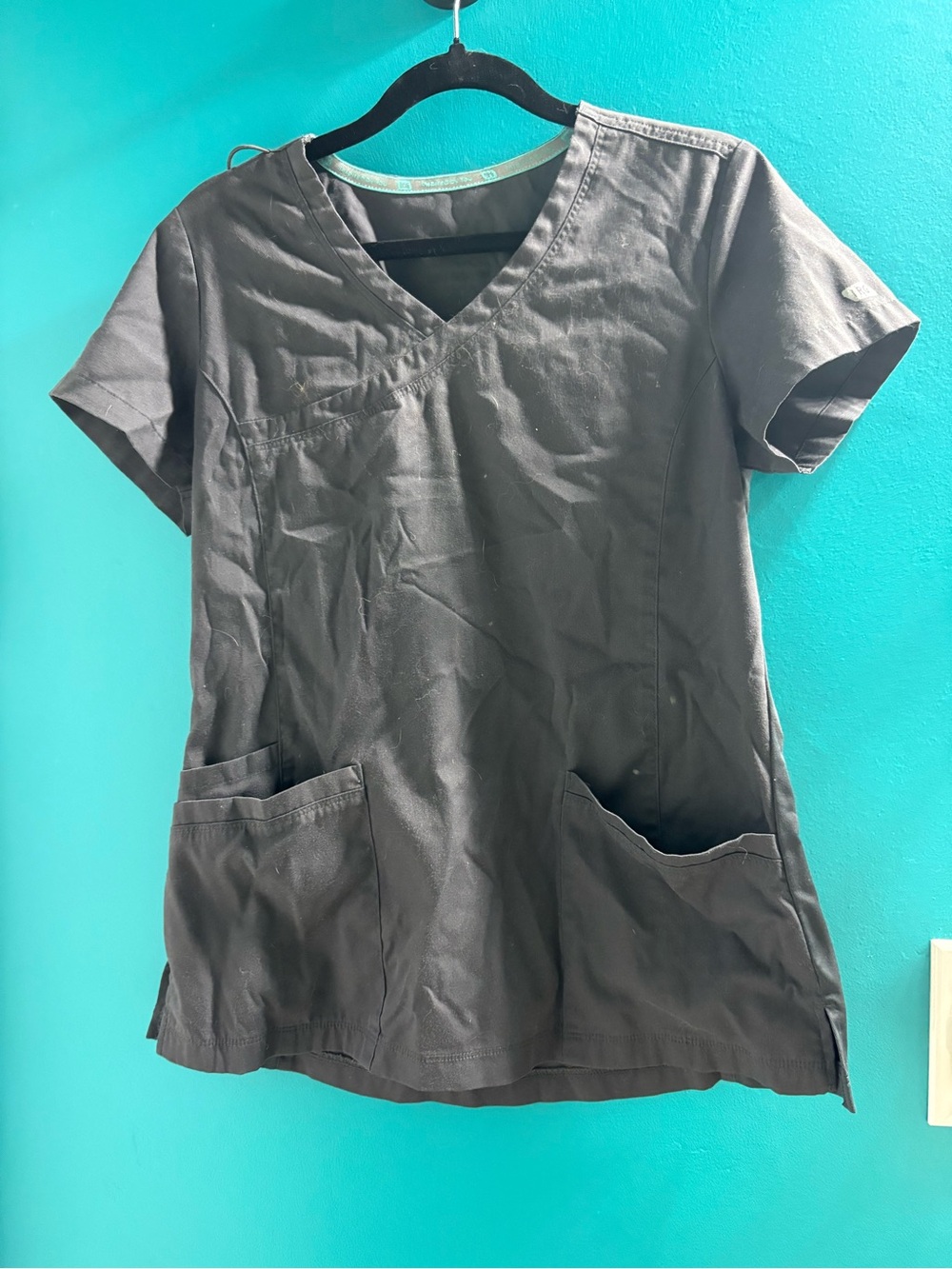 Women’s Black V-Neck Short Sleeve Medical Top with Front Pockets